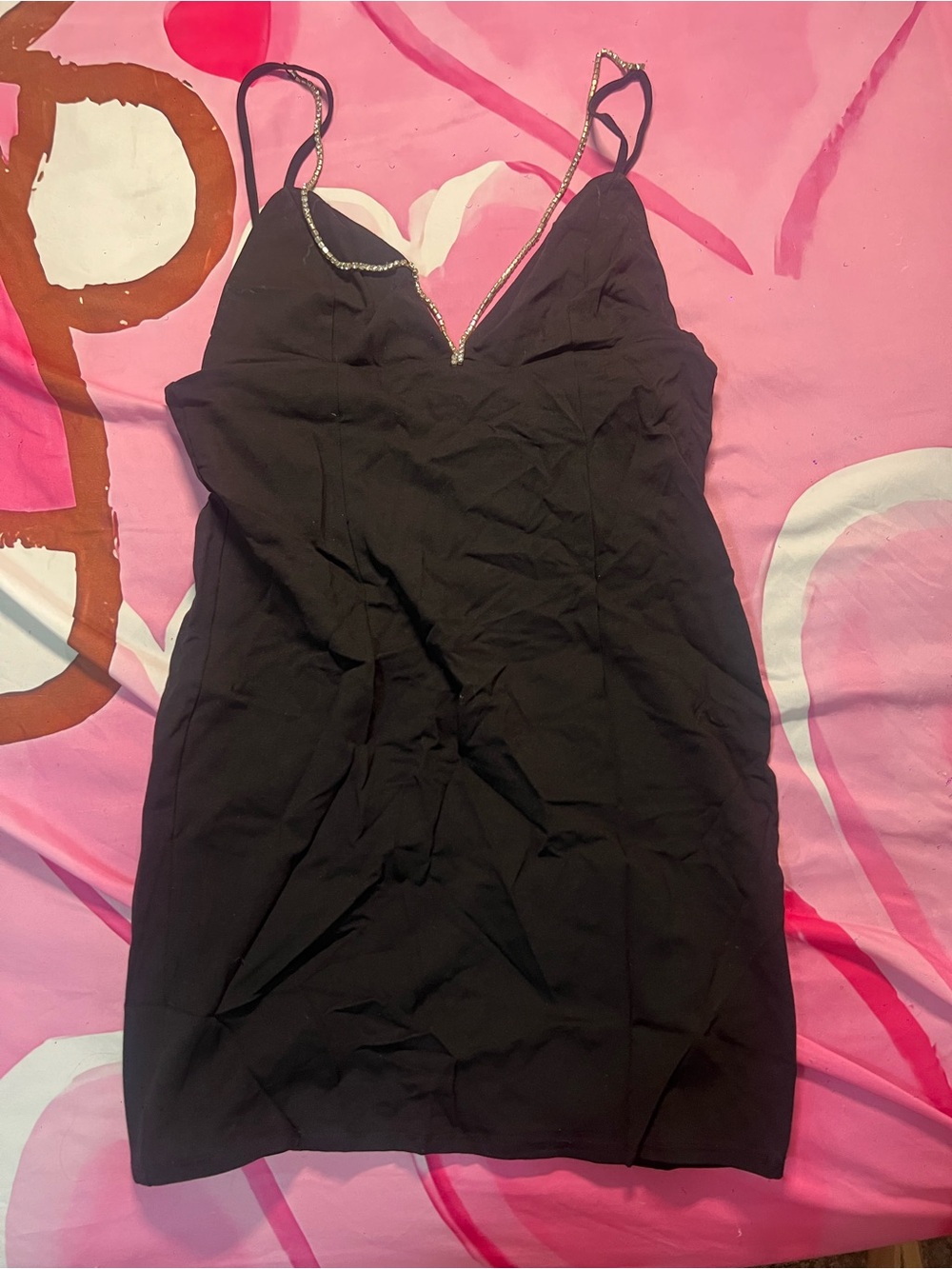 Black Spaghetti Strap Slip Dress with Rhinestone Trim